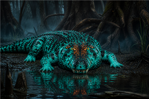 Deinosuchus Neon-Abgrundfluch – schwarzgrüner Skin mit türkisen und orangefarbenen Neonzeichnungen