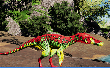 Herrerasaurus Dschungelbrand – rot-gelb-grün-schwarzer Pattern-4-Skin