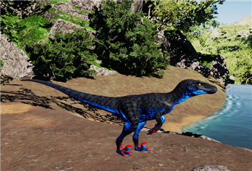 Omniraptor Nachtkralle – schwarzer Pattern-5-Skin mit leuchtend blauer Zeichnung und roten Krallen