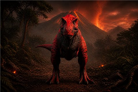 T-Rex Glutfluch – frontal stehender schwarz-roter Skin
